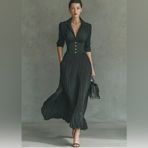 Modsees Solid Color Pleated Lapel Waist Long Sleeve Maxi Dress Size Small